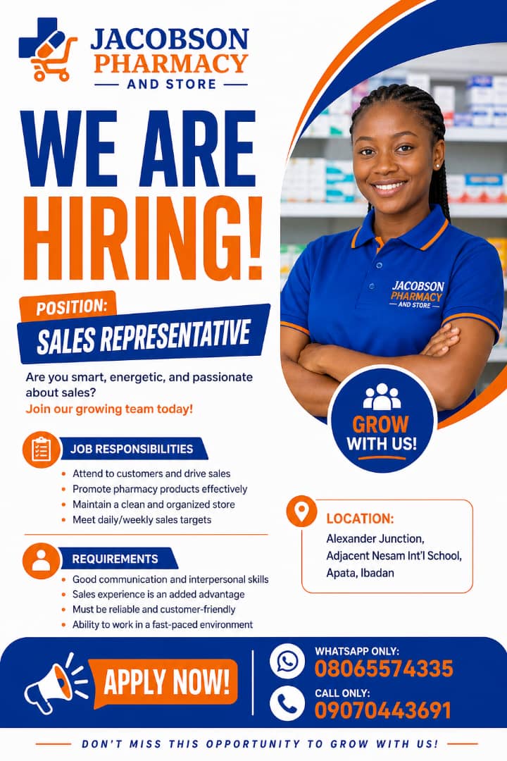 Jacobson Pharmacy Recruitment 2026 | Sales Rep Job in Ibadan