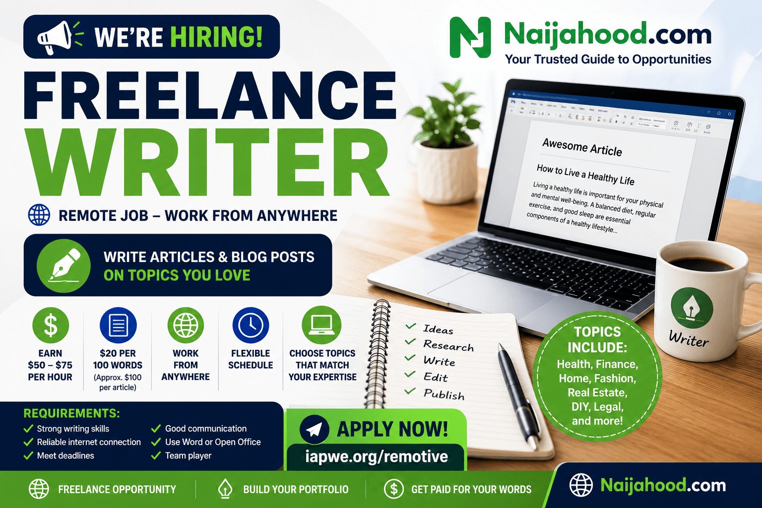 Freelance Writer Remote Job at IAPWE – Earn Up to $75 Per Hour