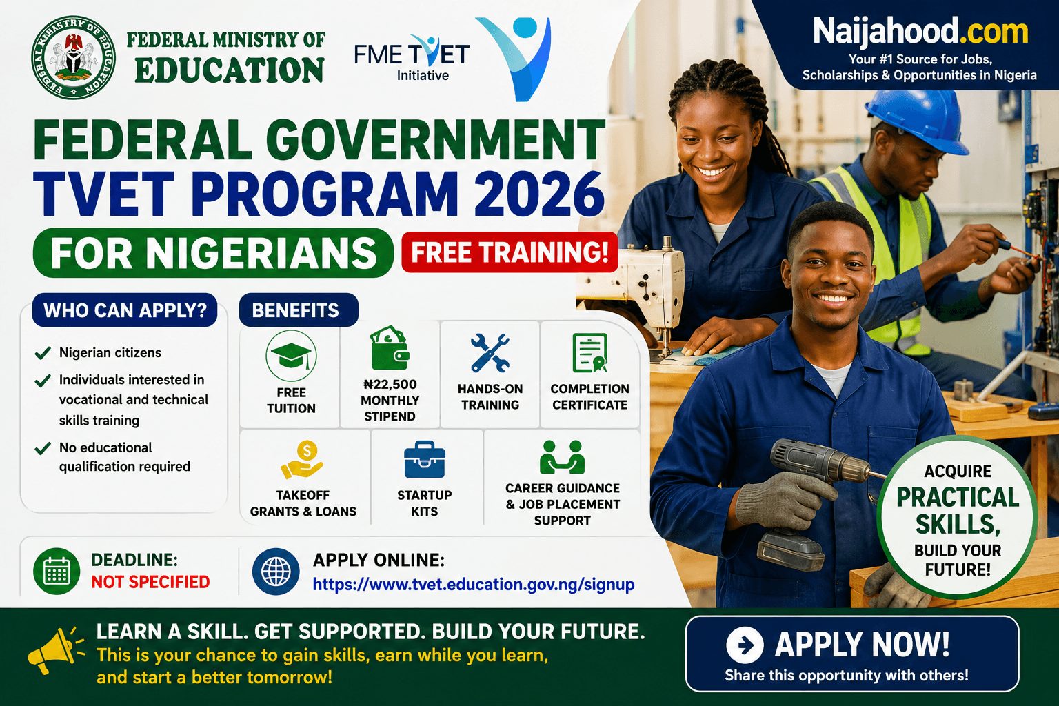 Federal Government TVET Program 2026 For Nigerians | Free Training and ₦22,500 Monthly Stipend