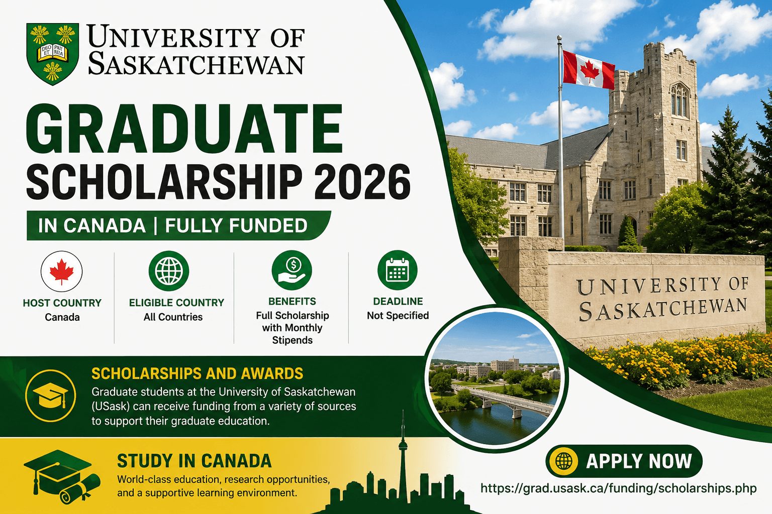 University of Saskatchewan Graduate Scholarship 2026 in Canada | Fully Funded