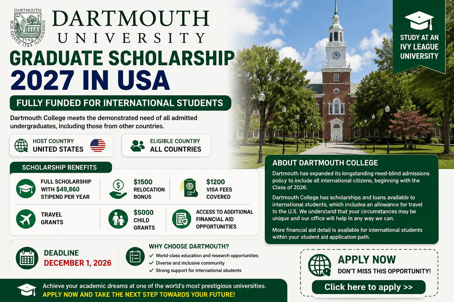 Dartmouth University Graduate Scholarship 2027 in USA | Fully Funded