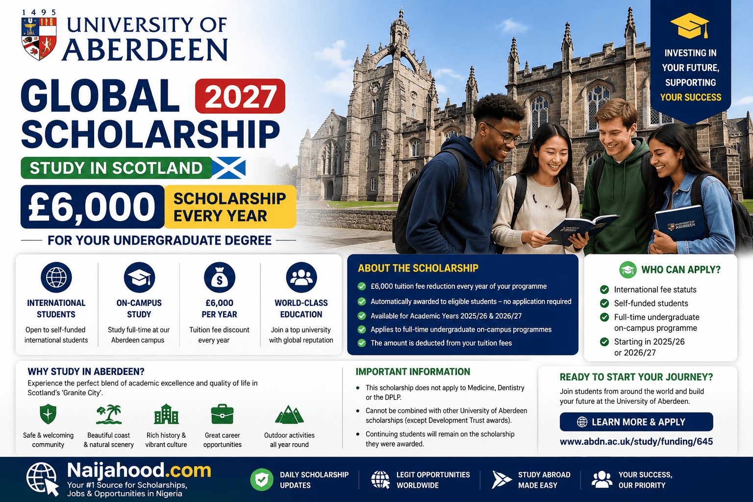 University of Aberdeen Global Scholarship 2027 in Scotland | £6,000 Scholarship Per Year