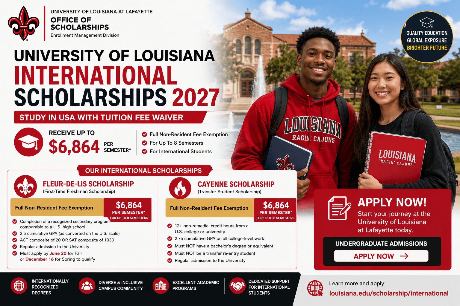 University of Louisiana International Scholarships 2027 in USA | Up to $6,864 Per Semester