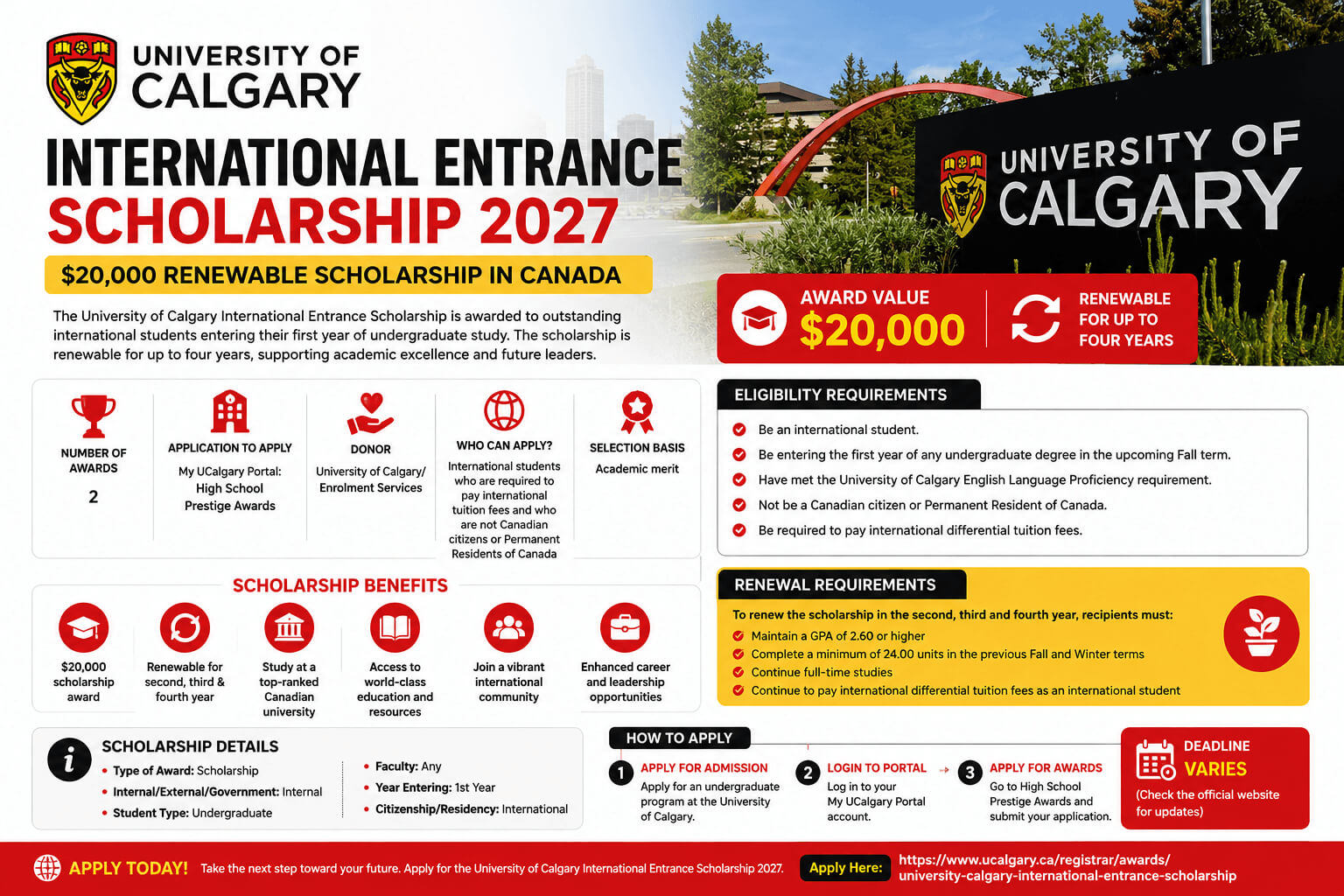 University of Calgary International Entrance Scholarship 2027 in Canada | $20,000 Renewable Scholarship