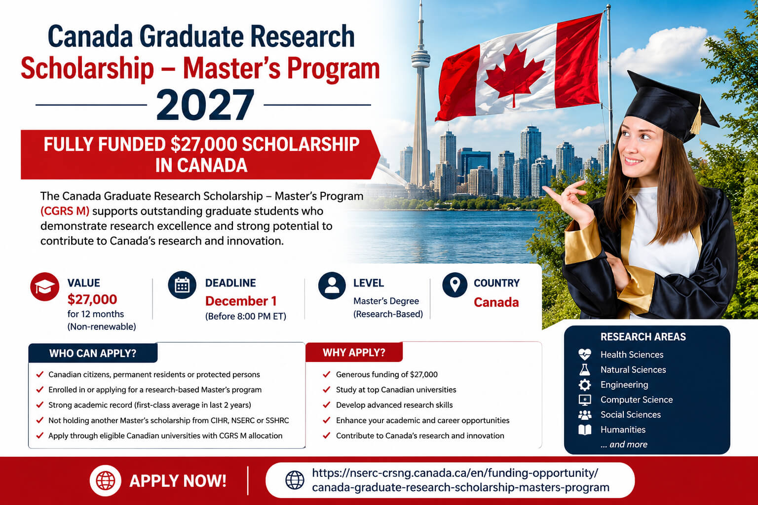 Canada Graduate Research Scholarship – Master’s Program 2027 | Fully Funded $27,000 Scholarship in Canada