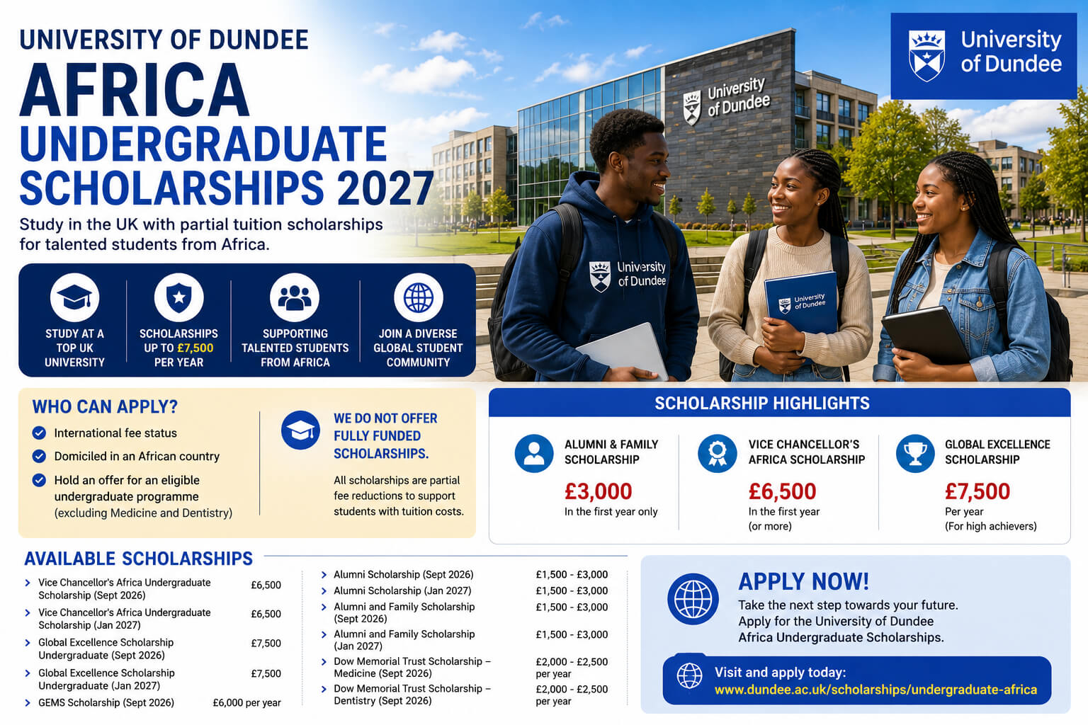 University of Dundee Africa Undergraduate Scholarships 2027 in the UK | Scholarships for African Students