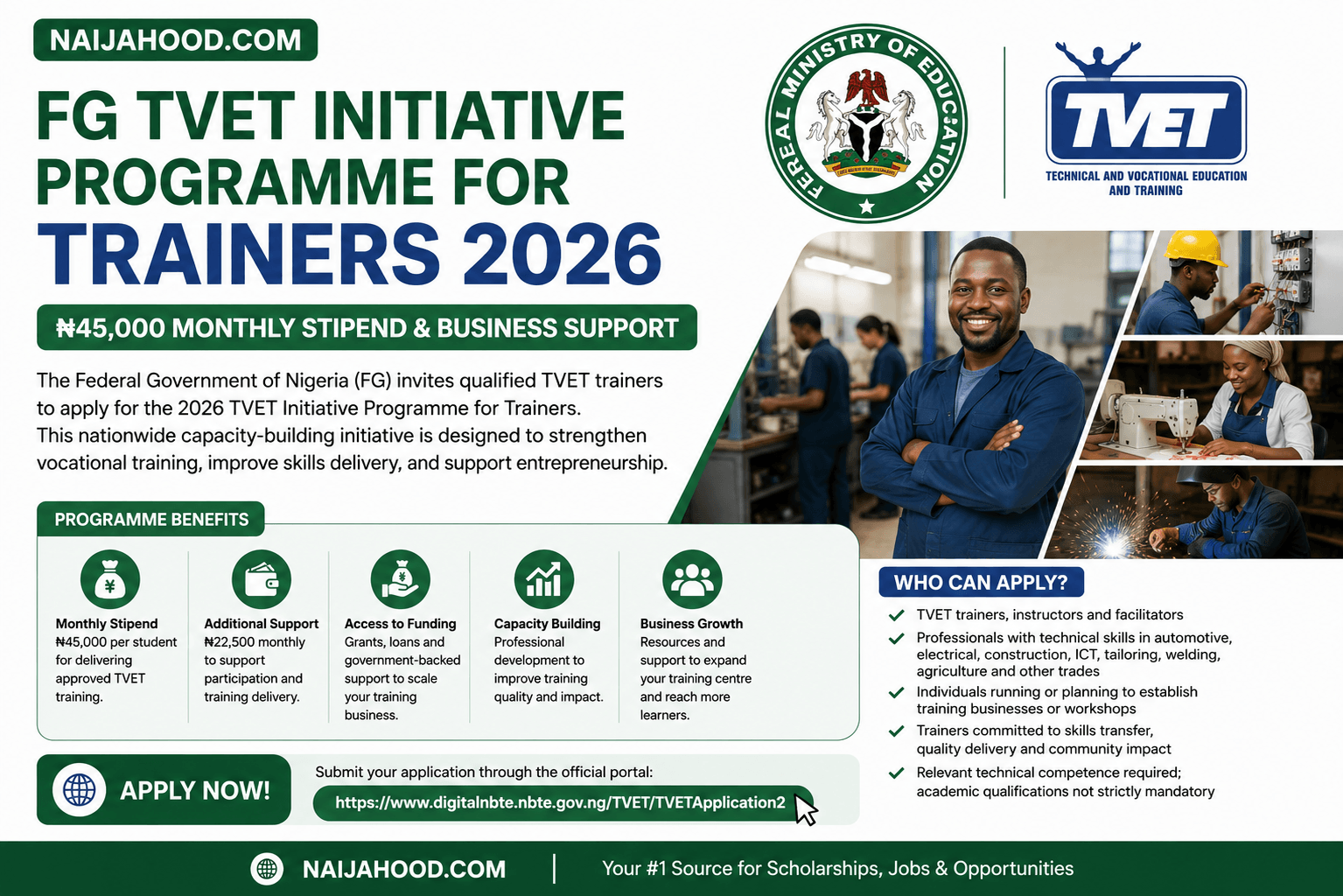 FG TVET Initiative Programme for Trainers 2026 | ₦45,000 Monthly Stipend & Business Support