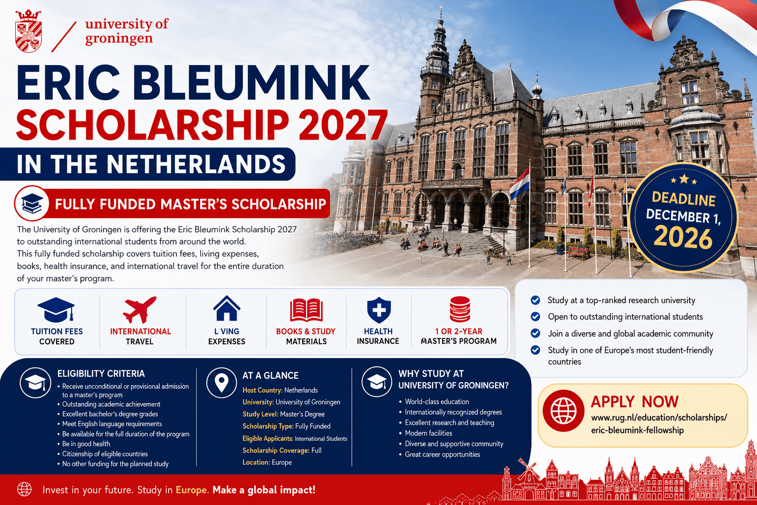 Eric Bleumink Scholarship 2027 in the Netherlands | Fully Funded Master’s Scholarship at the University of Groningen