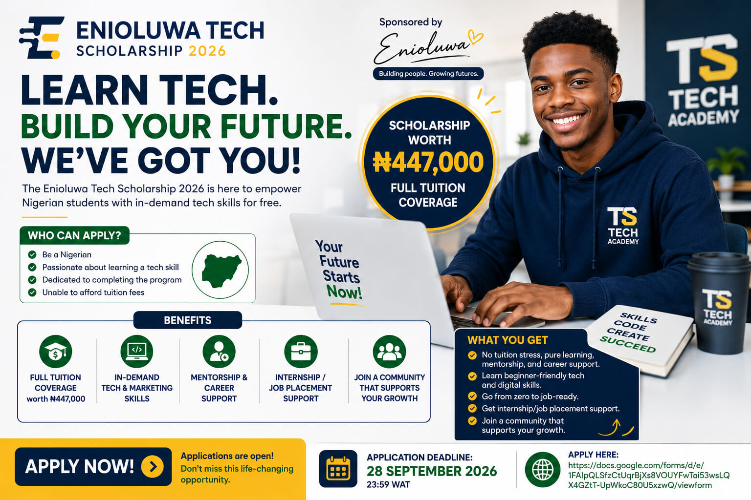 Enioluwa Tech Scholarship 2026 | Fully Funded ₦447,000 Tech Scholarship for Nigerians